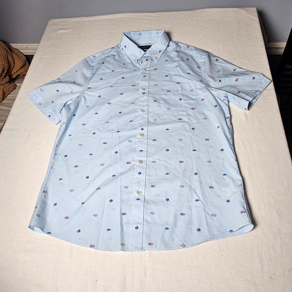 Charles Tyrwhitt Mens Large Slim Fit Non Iron Fish Print Short Sleeve Shirt Blue